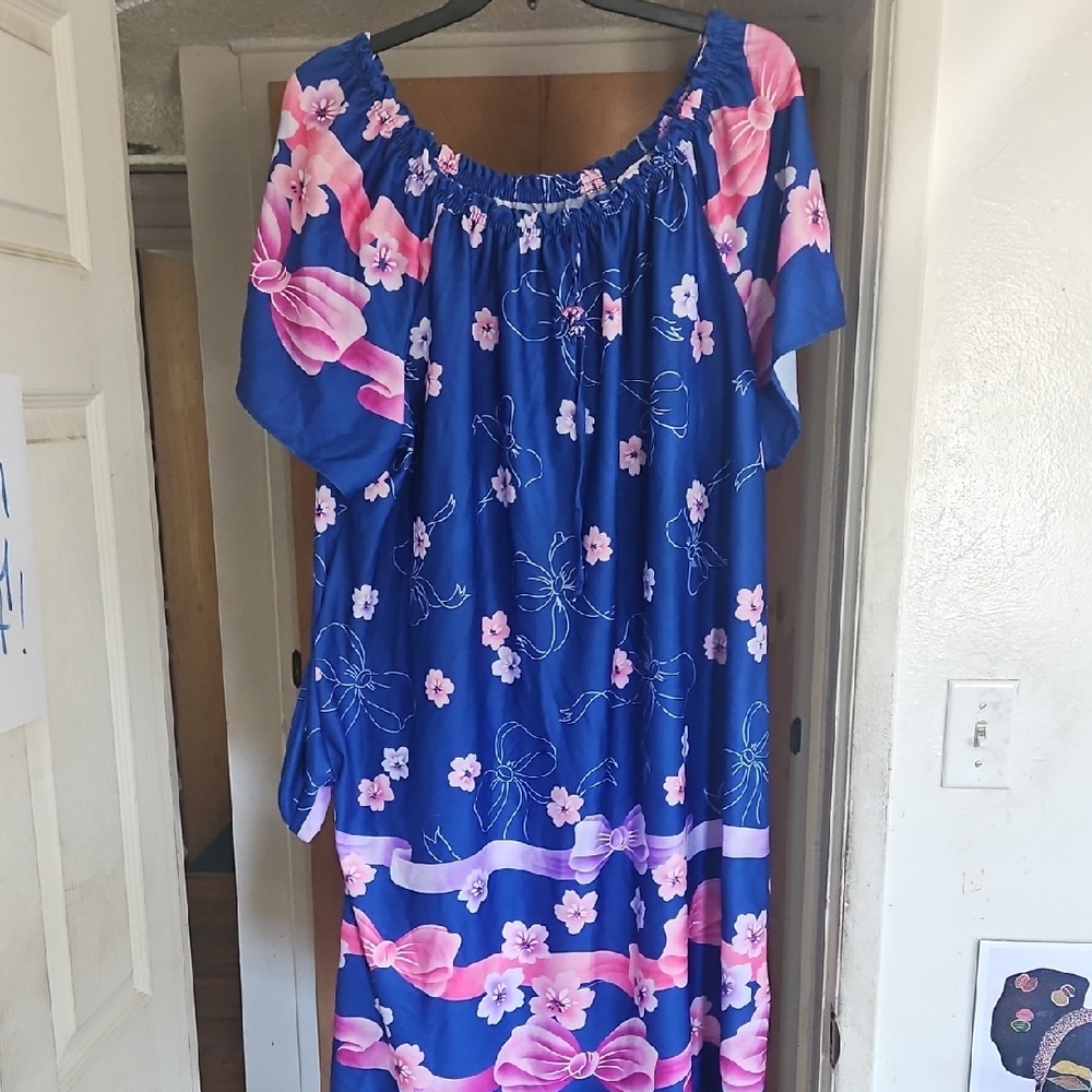 Blue Floral Sleepwear/House Dress with Pink Accents